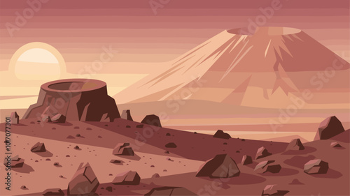 Martian landscape at sunset with Olympus Mons in the distance.