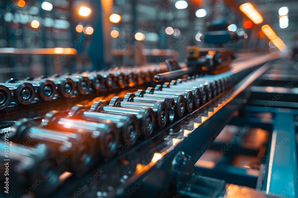 Fototapeta premium Industrial Conveyor System in Action with Glowing Lights