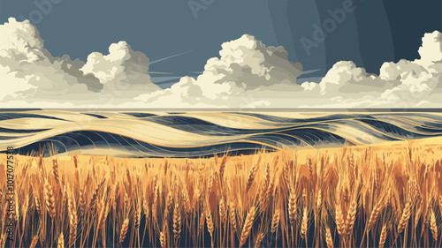 Surreal vision of wheat field transforming into golden ocean.