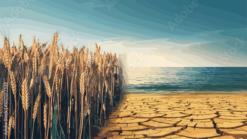 Surreal vision of wheat field transforming into golden ocean.