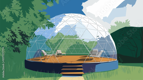 A transparent geodesic dome offering panoramic views and a connection to the surrounding environment.