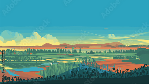 Surreal vision of terraformed Mars with lush greenery and blue sky.