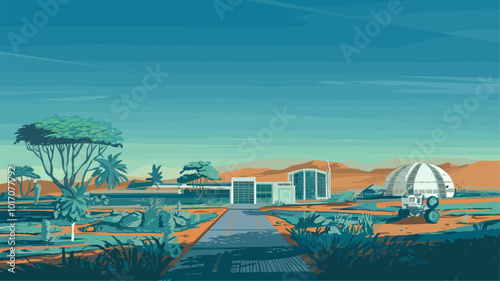 Surreal vision of terraformed Mars with lush greenery and blue sky.