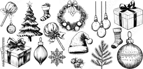 Vector sketch of a Christmas tree with decorations. Hand-drawn vintage set featuring snowflakes, garland, gift, and candy.