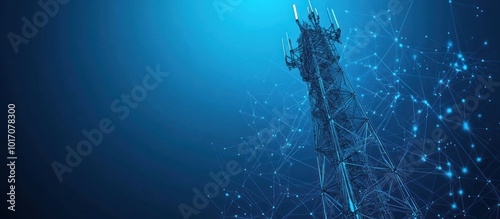Abstract digital telecommunication tower with antennas as low poly wireframe. Technology 3D polygonal