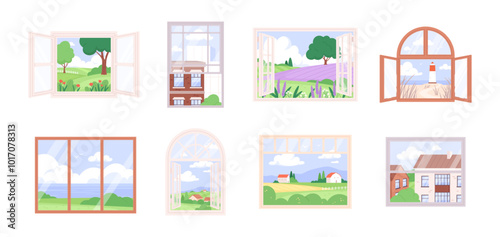 Windows views. Open window with various view, on valley mountain downtown sea coast fruit garden. Look out cozy landscapes, racy vector elements