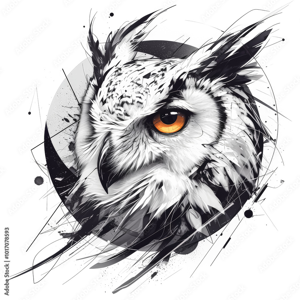 Obraz premium Black and white drawing of an owl with a clock in its eye.