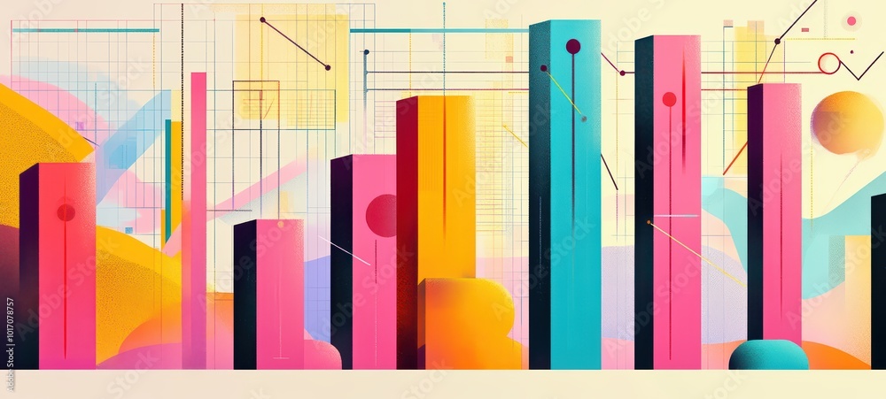 Fototapeta premium A colorful illustration of an income and expense report featuring stacked bar graphs and trend lines, highlighting key financial metrics like profits and expenditures