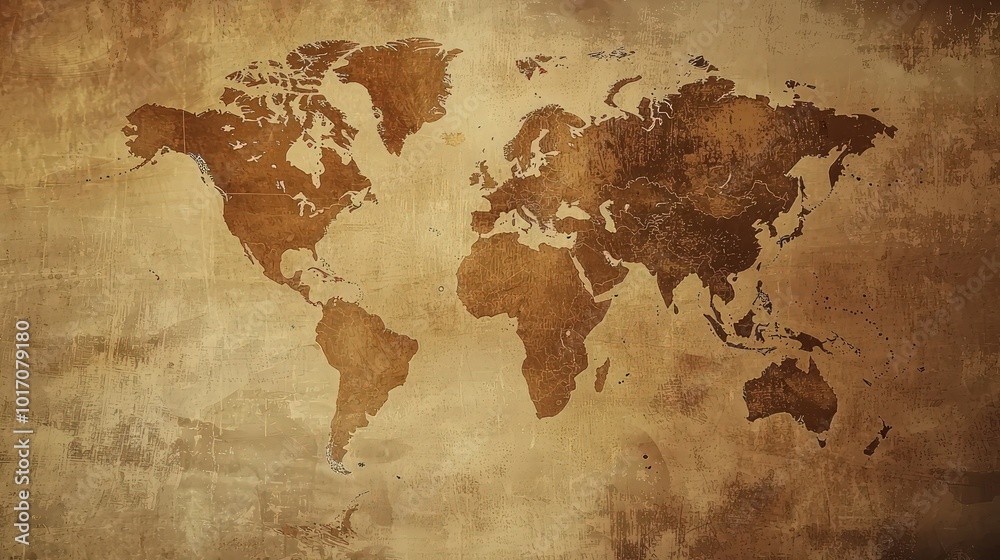 Fototapeta premium A vintage-style grunge background featuring a brownish world map, evoking a sense of historical charm and nostalgia.