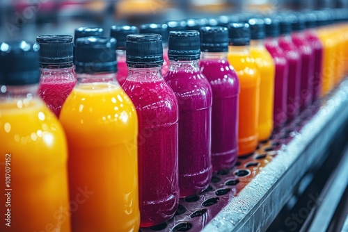 A row of colorful plastic bottles filled with juice on a conveyor belt.