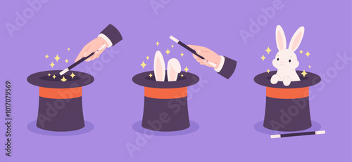 Rabbit trick. Wizard cylinders and magic wand, popular illusionist show tricks with bunny ears and magician cylinder. Conjure use, racy vector scene photo