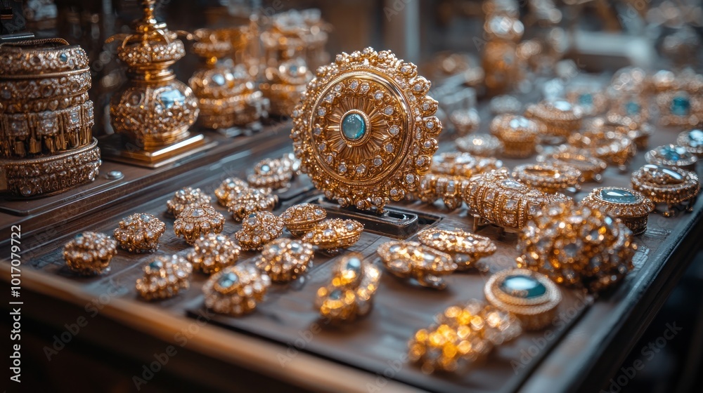 A display of ornate gold jewelry with blue gemstones in a shop. A display of ornate gold jewelry with blue gemstones in a shop.