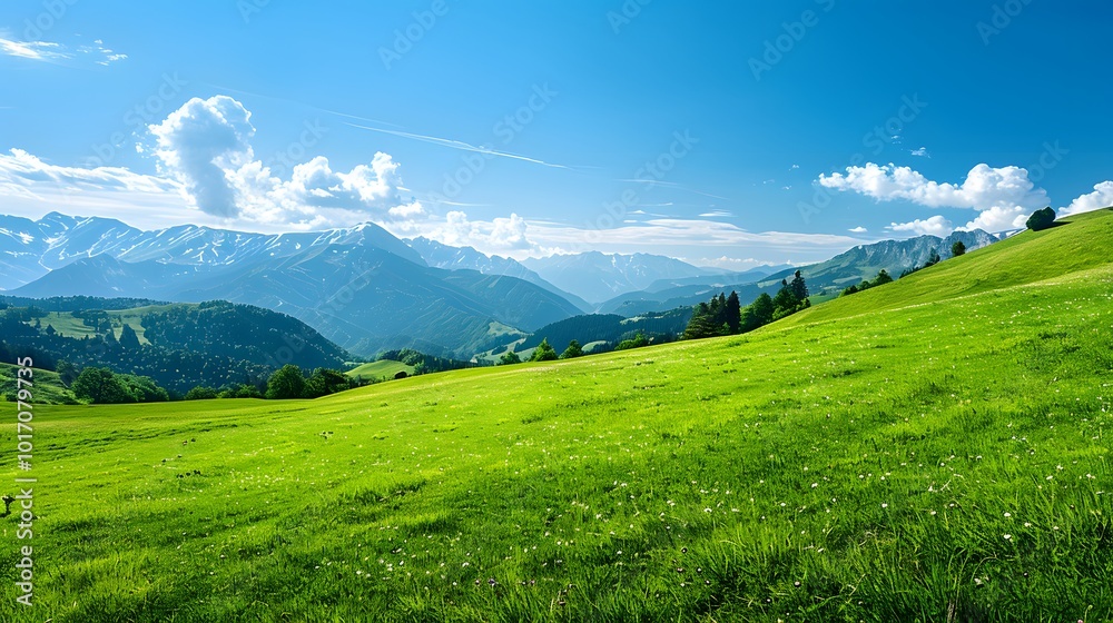 Obraz premium Serene Mountain Landscape with Lush Green Fields and Clear Blue Skies