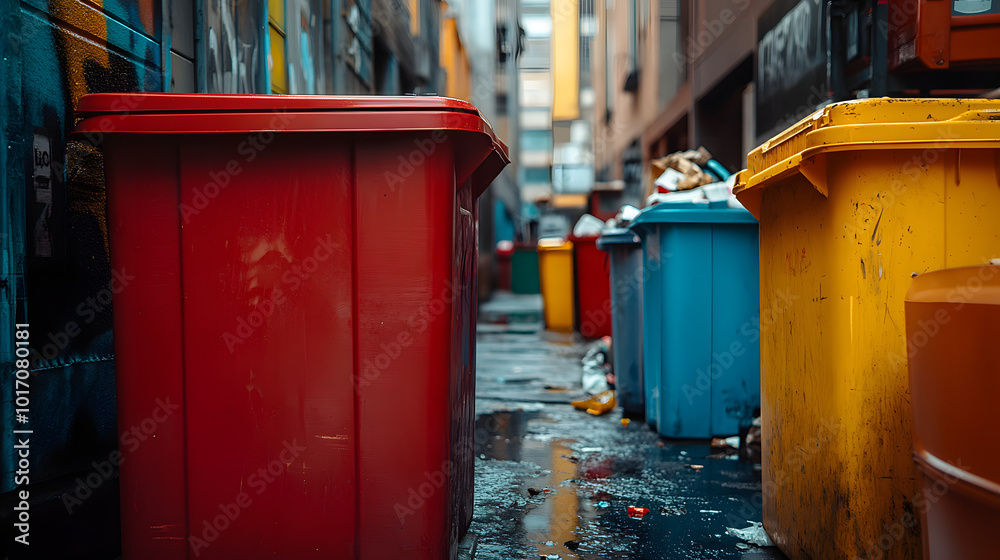 Colorful Trash Bins in Urban Alley Colorful Trash Bins in Urban Alley