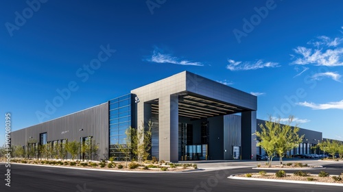 A wide-angle view of a large, modern facility, be it a factory, self-storage building, or car dealership, with an expansive industrial design.