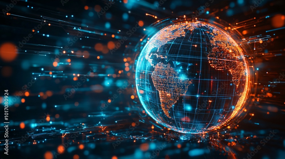 Fototapeta premium A Digital Globe Illuminated with Orange and Blue Light Streaks