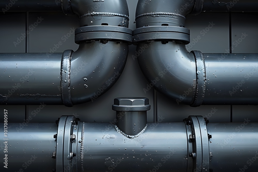 Intricate Arrangement of Industrial Black Pipes with Water Droplets Intricate Arrangement of Industrial Black Pipes with Water Droplets