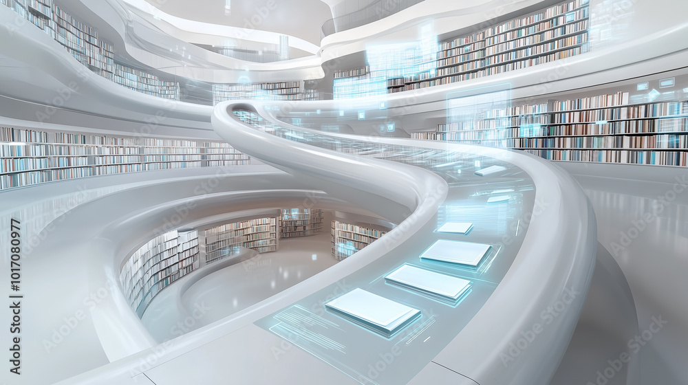 3D Model of a Futuristic Digital Library with Holographic Books, generative ai 3D Model of a Futuristic Digital Library with Holographic Books, generative ai