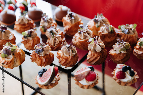 Assorted gourmet appetizers and desserts on display, luxury events, catering, and celebrations photo