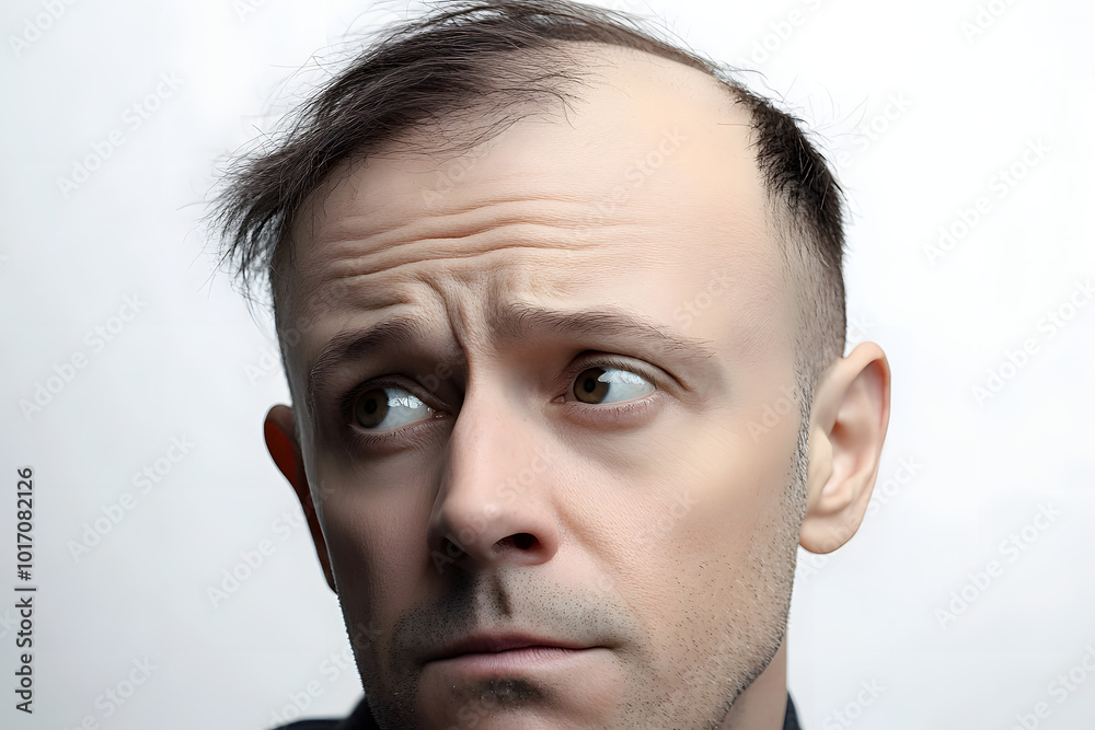 Bald man or woman worry about his or her less hairline on white background isolated Bald man or woman worry about his or her less hairline on white background isolated
