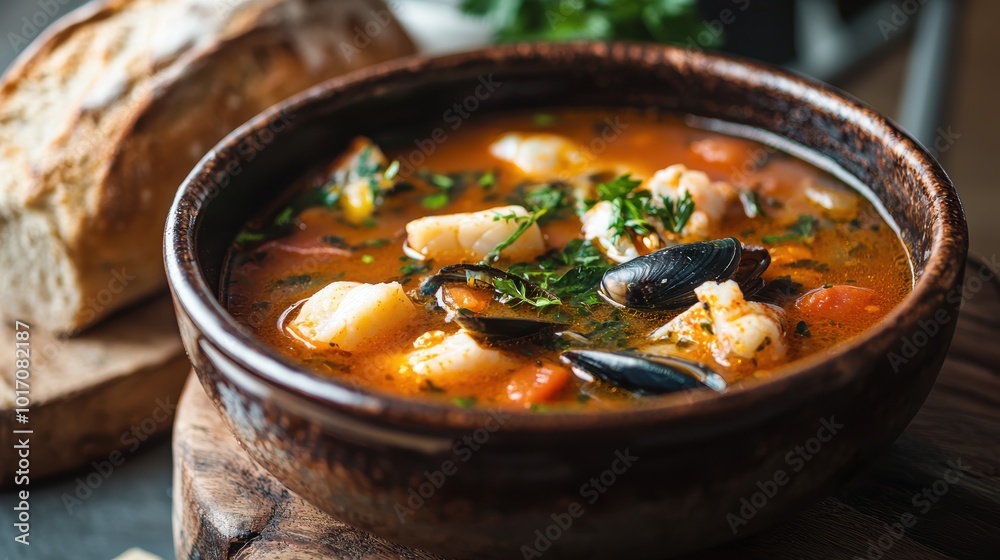 Traditional French Bouillabaisse with Fresh Seafood and Herbs for Rustic Dining Experience Traditional French Bouillabaisse with Fresh Seafood and Herbs for Rustic Dining Experience