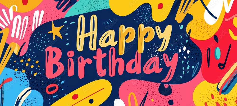 Obraz premium Vibrant Happy Birthday Banner with Abstract Patterns - Energetic Design for Digital Use