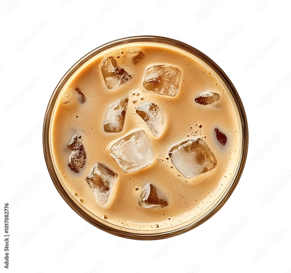 Top view of coffee latte cappuccino with ice in glass isolated on white background, Top view of coffee latte cappuccino with ice in glass isolated on white background,