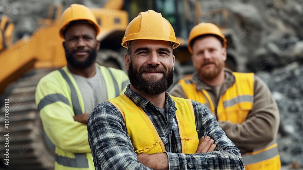 team of workers wearing helmets and work waistcoats in the background of a work site. Excavator with a worker in a hard hat standing nearby. Bright midday light. Large construction site background. team of workers wearing helmets and work waistcoats in the background of a work site. Excavator with a worker in a hard hat standing nearby. Bright midday light. Large construction site background.