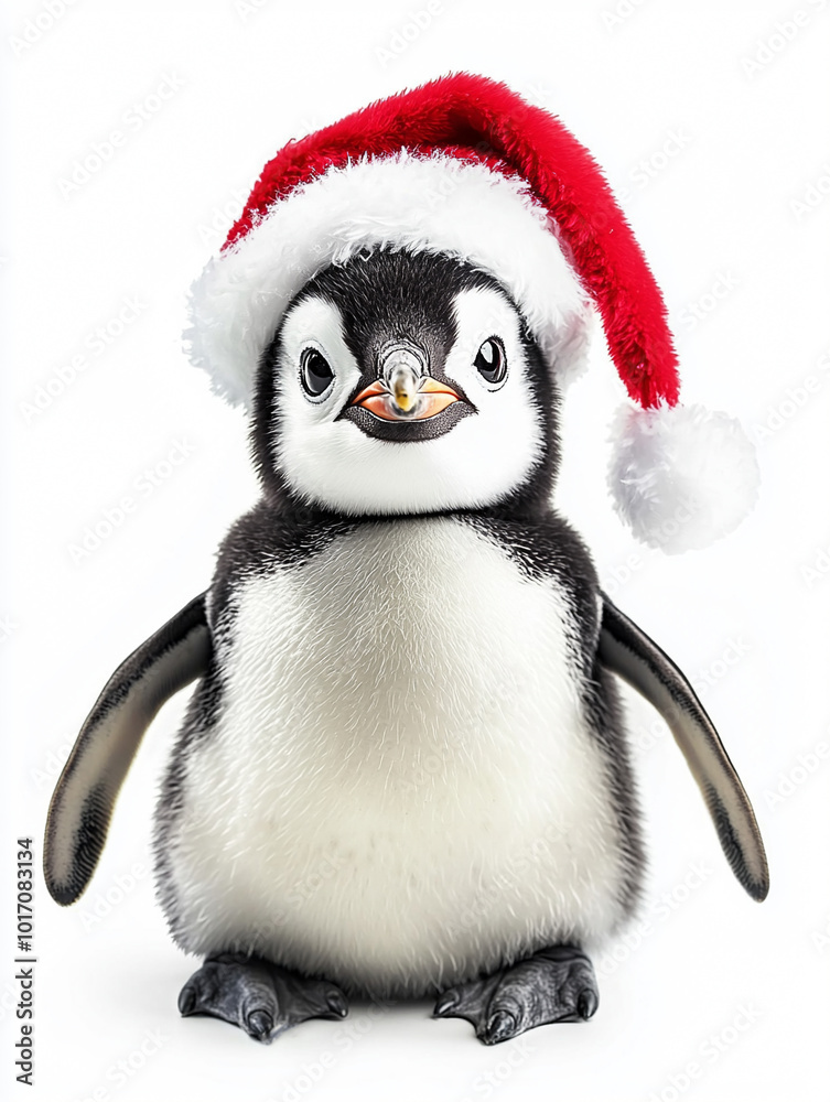 Fototapeta premium Little penguin in santa hat isolated over white background.