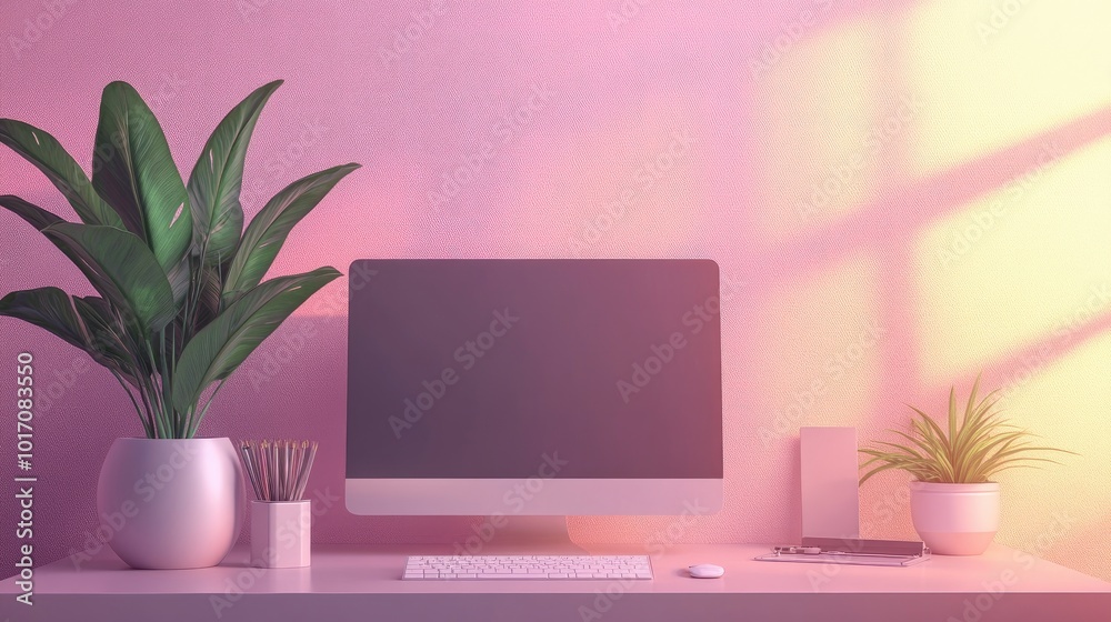 Modern Home Office Setup with Computer and Plants in Pink Lighting Modern Home Office Setup with Computer and Plants in Pink Lighting