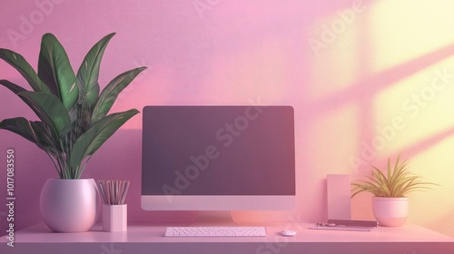 Modern Home Office Setup with Computer and Plants in Pink Lighting