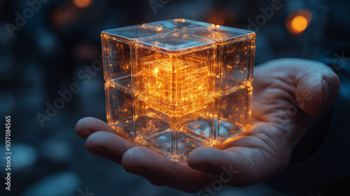 Hand holding glowing transparent AI cube, digital innovation and futuristic technology concept.