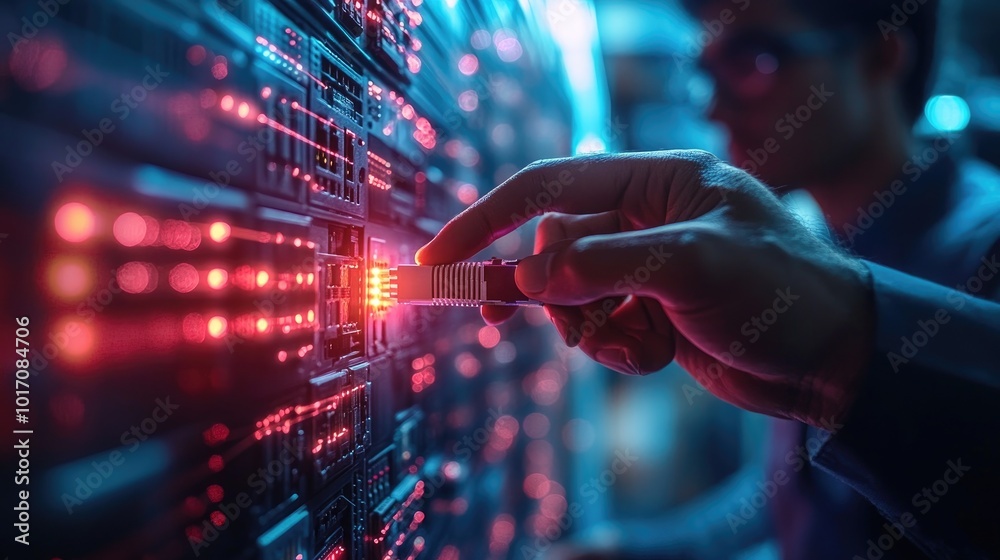 Hand Connecting Cable to Futuristic Server in Data Center with Neon Lights Hand Connecting Cable to Futuristic Server in Data Center with Neon Lights