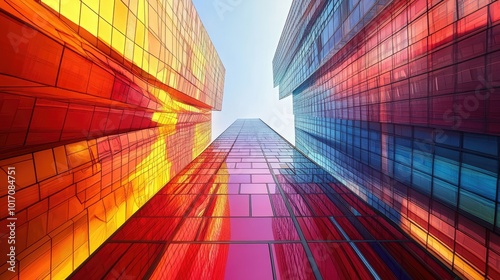 Vibrant Modern Architecture with Colorful Glass Facades Reaching Skyward