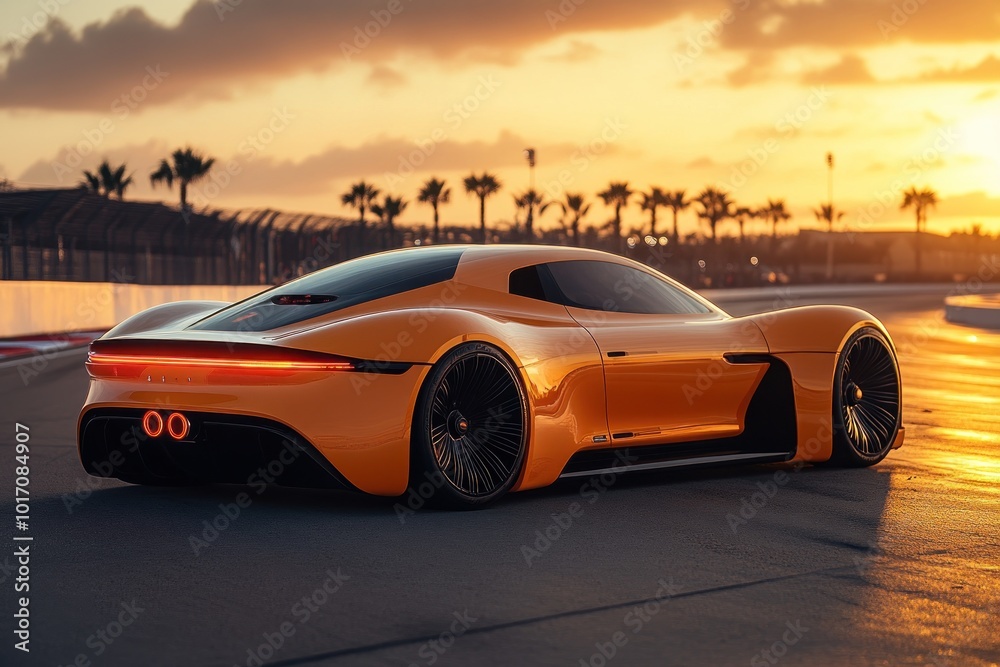 Obraz premium A sleek, yellow sports car drives on a racetrack at sunset with palm trees in the background.