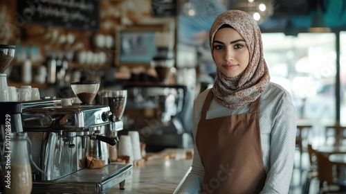 A light-skinned Middle Eastern barista wearing a hijab, serving cardamom-spiced lattes in an upscale cafe with a Middle Eastern-inspired menu. photo