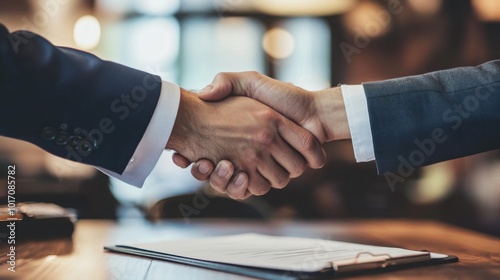 Two confident business professionals shaking hands over a signed contract, symbolizing trust, partnership, and corporate success.