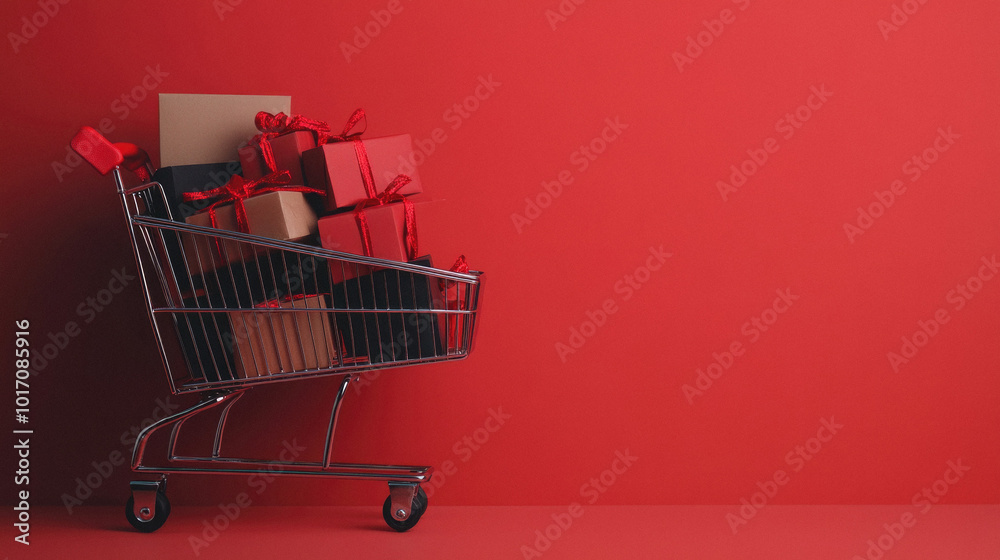 A shopping cart is filled with various presents and boxes, and it is placed on a red wall. The cart is overflowing with gifts, and it is a festive scene A shopping cart is filled with various presents and boxes, and it is placed on a red wall. The cart is overflowing with gifts, and it is a festive scene