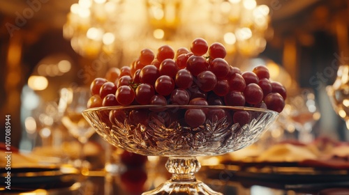 Grapes in a glass bowl, placed on a luxurious dining table with chandeliers in the background photo