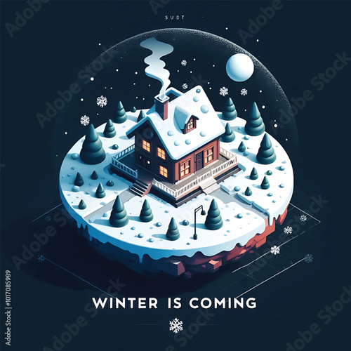 An house on a snowy hill and small planet, Medieval Building With a moon behind