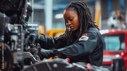 A curvy Black female mechanic with dreadlocks, working on a truck in a large industrial repair center.