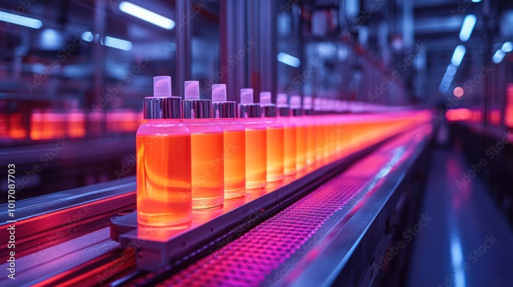 A close-up view of a conveyor belt carrying rows of glass bottles filled with a liquid product in a factory setting. A close-up view of a conveyor belt carrying rows of glass bottles filled with a liquid product in a factory setting.