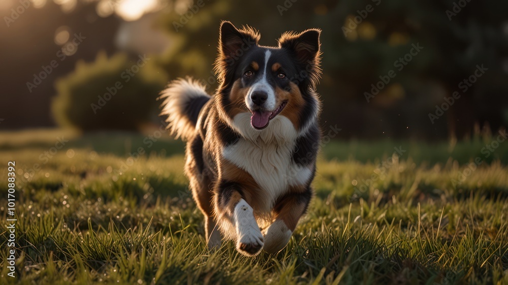 A happy Australian Shepherd dog runs through a field of grass at sunset. A happy Australian Shepherd dog runs through a field of grass at sunset.