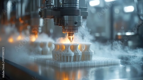 A close-up shot of a 3D printer nozzle emitting a stream of hot plastic as it creates a series of small, intricate, white plastic objects on a conveyor belt.