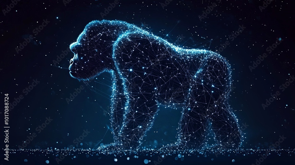 A luminous gorilla shape comprised of interconnected nodes and lines emerges amidst a dark background, resembling a constellation of bright digital connections. A luminous gorilla shape comprised of interconnected nodes and lines emerges amidst a dark background, resembling a constellation of bright digital connections.