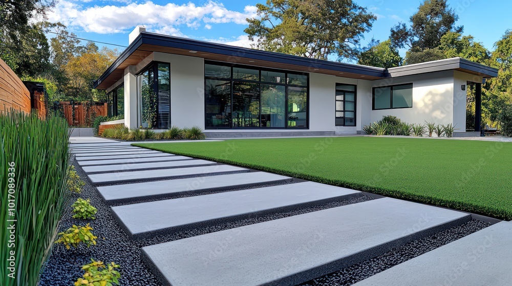 Obraz premium Slate gray synthetic grass around a modern home with minimalist design and straight concrete walkway