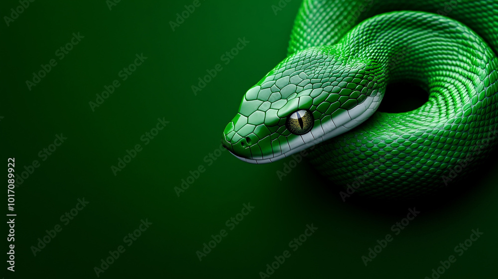 Fototapeta premium Cute green snake isolated on background, symbol of year 2025 with copy space. Holiday reptile, Christmas greeting card, New Year mascot.