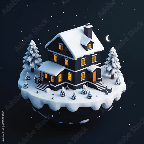 An house on a snowy hill and small planet, Medieval Building With a moon behind