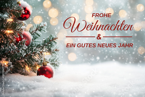 Weihnachtskarte Frohe Weihnachten Weihnachtsgrüße mit Weihnachtsbaum und Weihnachtskugeln Winter Schnee Textfreiraum Copyspace erzeugt mit generativer KI photo