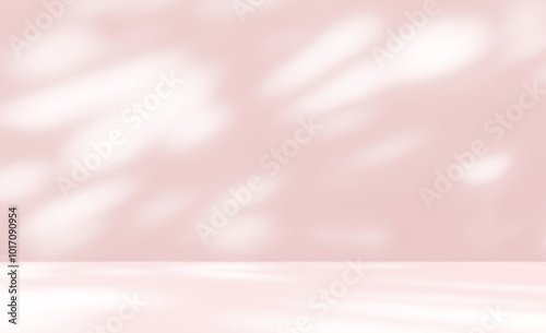 Empty pink colour room studio with sunlight effect shadow on the floor and wall for product presentation. Minimal backdrop design. Cosmetic, beauty and fashion showroom. Summer background mock up.	 photo